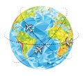 Vector abstract polygonal Earth planet with flying airplanes. Travel background