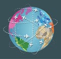 Vector Earth planet with flying airplanes` dotted path on it. Travel background