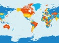 World map - America centered. 4 bright color scheme. High detailed political map of World with country, ocean and sea