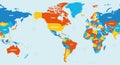 World map - America centered. 4 bright color scheme. High detailed political map of World with country, ocean and sea