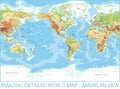 World Map - American View - Physical Topographic - Vector Detailed Illustration - America in Center Royalty Free Stock Photo