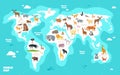 World map with animals. Earth discovery funny kids geography vector illustration