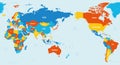 World map - Asia, Australia and Pacific Ocean centered. 4 bright color scheme. High detailed political map of World with