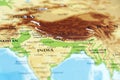 world map of asian continent, india, nepal, china, pakistan, afghanistan countries in close up