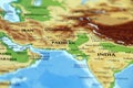 world map or atlas of asian continent, india, iran, pakistan, afghanistan, tehran, kabul, islamabad countries in close up Royalty Free Stock Photo