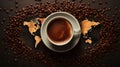 World map background with a coffee cup, symbolizing global coffee culture Royalty Free Stock Photo