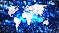 World map on a background of luminous pixels. High-tech digital network, communications, high technology. Royalty Free Stock Photo