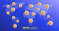 world map with bitcoin cryptocurrency. blue color gradient vector illustration