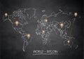 World map, bitcoin network and location pointer, design card blackboard chalkboard Royalty Free Stock Photo