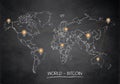 World map, bitcoin network and location pointer, design card blackboard chalkboard