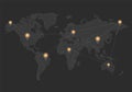 World map, bitcoin network and location pointer, design dark blackboard background