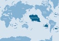 World Map on blue background with Great pacific Garbage Patch and sea current