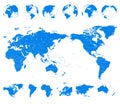 World Map Blue and Globes - Asia in Center Royalty Free Stock Photo