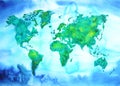 World map blue green tone watercolor painting on paper hand drawing Royalty Free Stock Photo