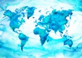 World map blue green tone watercolor painting on paper hand drawing Royalty Free Stock Photo