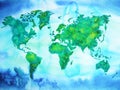 World map blue green tone watercolor painting on paper hand drawing Royalty Free Stock Photo