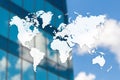 World map on blurred building. Real estate or construction poster, banner or flyer design