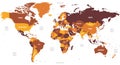 World map - brown orange hue colored on dark background. High detailed political map of World with country, ocean and