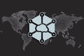 The world map is built from a blockchain grid on a dark background. Storj Crypto sign