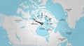 A world map with a central clock showing Full Liters and Lake Winnipeg, featuring Great Bear Lake and Great Slave Lake in the Royalty Free Stock Photo