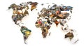 World map collage composed of diverse human portraits, highlighting global unity and cultural diversity