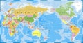 World Map Color Detailed - Asia in Center Royalty Free Stock Photo