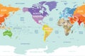 World map colored by continents and centered by America Royalty Free Stock Photo