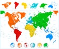 World map with colorful continents and 3D globes. Royalty Free Stock Photo