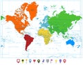 World map with colorful continents and flat map pointers isolate Royalty Free Stock Photo