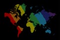 World map in colourful dots on black background. Earth continents in rainbow colours vector illustration. America, Asia Royalty Free Stock Photo