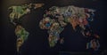 World map with continents made from money of different countries on black Royalty Free Stock Photo
