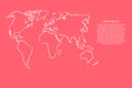 World map from the contour pink coral color brush lines different thickness and glowing stars on dark background. Vector