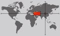 World map with coordinate point positioned by crossed lines on country china