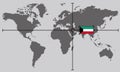 World map with coordinate point positioned by crossed lines on country kuwait