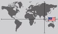 World map with coordinate point positioned by crossed lines on country Malaysia