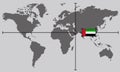 World map with coordinate point positioned by crossed lines on country United Arab Emirates