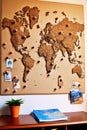 world map on a cork board with pinned locations