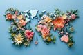 The world map is covered with flowers in a cut paper style.. Generated by artificial intelligence Royalty Free Stock Photo