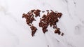 World map created out of coffee grounds and coffee beans