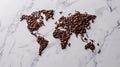 World map created out of coffee grounds and coffee beans