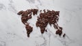 World map created out of coffee grounds and coffee beans