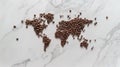 World map created out of coffee grounds and coffee beans