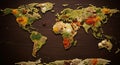 A world map created using various spices and grains on a dark wooden Royalty Free Stock Photo