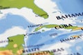 world map of cuba with miami, bahamas, havana, haiti and jamaica in close up focus