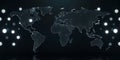 A world map in dark setting with glowing outlines and blurred dots on the sides in the background Royalty Free Stock Photo