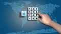 World map and data cloud with closed padlock - pin input at the numeric keypad - business, data and internet security concept