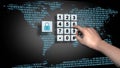 World map and data cloud with closed padlock - pin input at the numeric keypad - business, data and internet security concept