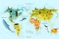 World map with different animal. Funny cartoon banner for children with the continents, oceans and lot of funny animals