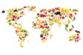 World map from different fresh fruits and vegetables, isolated Royalty Free Stock Photo