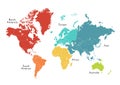 World map divided into six continents in different color.